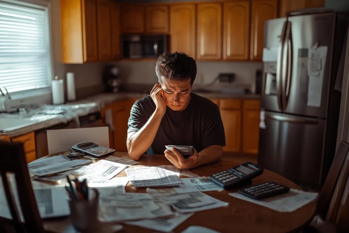 Homem sentado à mesa da cozinha, cercado de contas e com uma calculadora, com expressão preocupada ao revisar as finanças